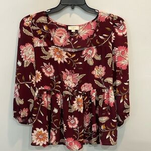 LOFT Burgundy Floral Square Neck Blouse | 3/4 Sleeve Boho Top Size Large